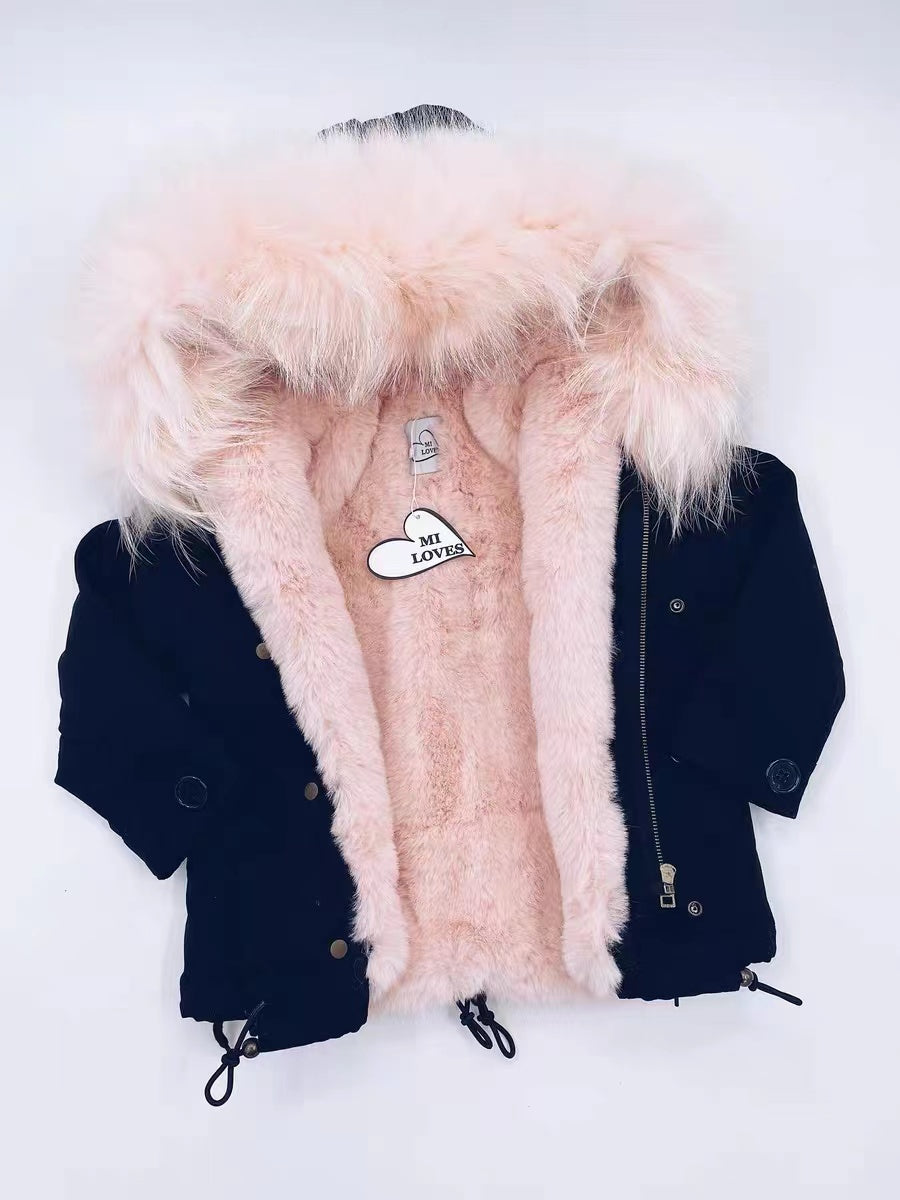 MI LOVES SIGNATURE  parka jacket with Luxurious Natural Racoon Fur trim-Black jacket  with pink fur